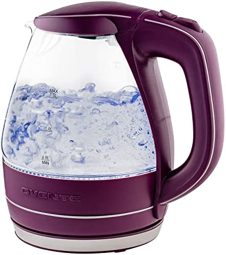 Ovente Glass Electric Kettle, 1.5 Liter BPA Free Borosilicate Glass Fast Boiling Countertop Heater with Automatic Shut Off & Boil Dry Protection, Hot water Boiler for Tea & Coffee, Purple KG83P